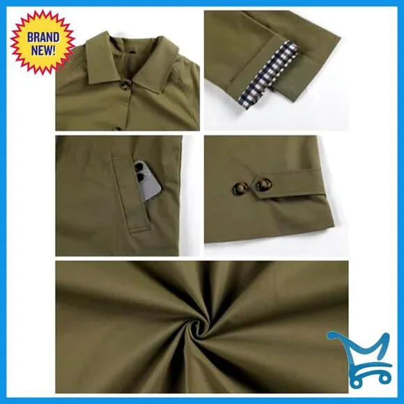 Lightweight Short Trench Jacket with Plaid Lining and Pockets - Picture 6 of 7